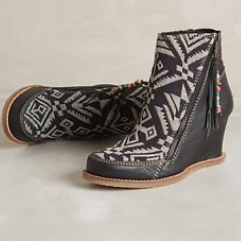 Anthropologie Black Wedge Ankle Booties with Ivory Pattern